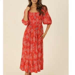 Angie Floral Red Peasant Sleeve Maxi Dress Large